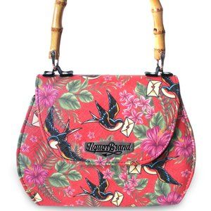 liquorbrand bamboo handle red tropical print purse